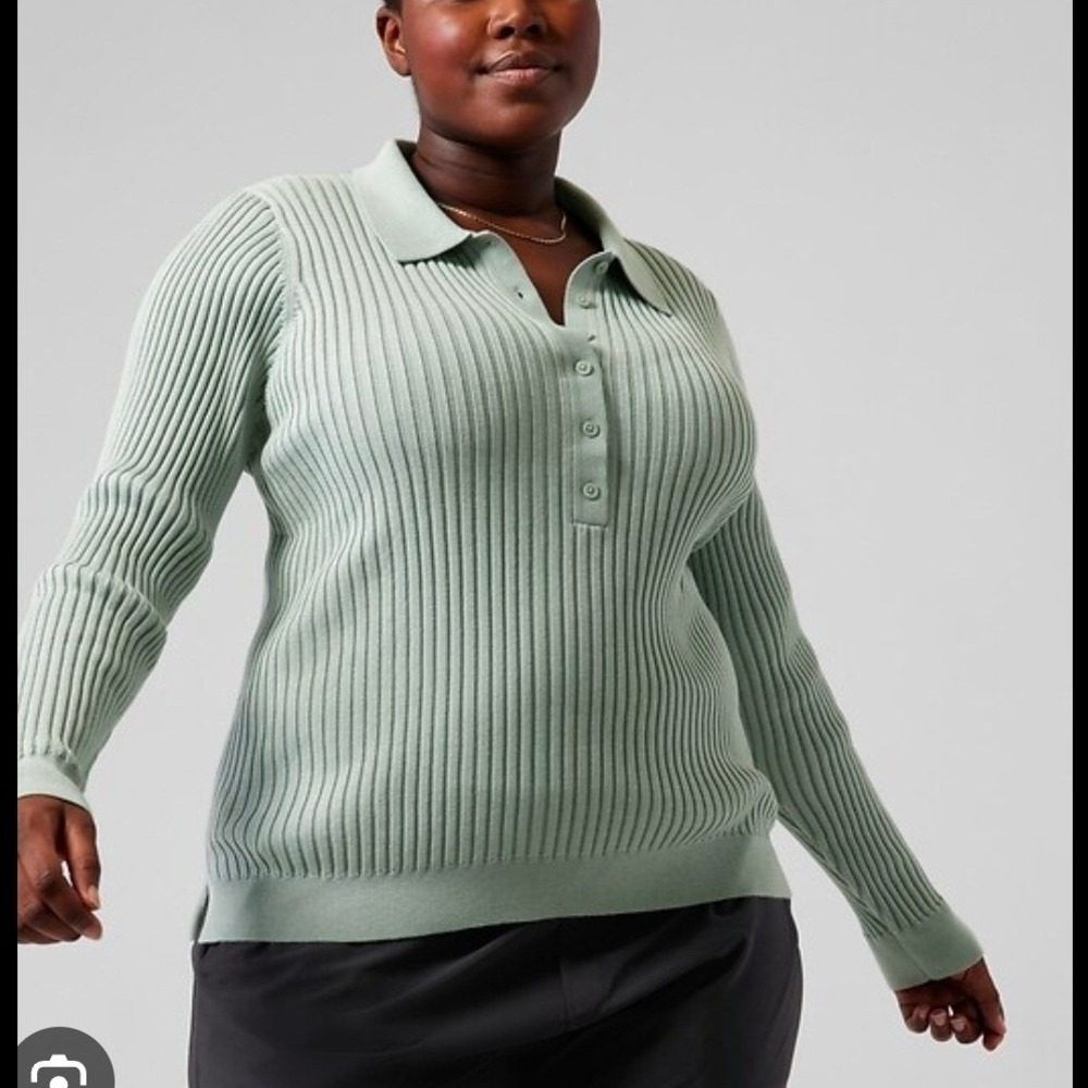 Athleta Women 2X 2XL Sweet Bay Henley Sweater‎ Ribbed Knit Top LS Mint Green